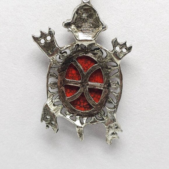 Turtle Pendant Necklace With Faux Red Stone Silver Chain 24" - Picture 3 of 6